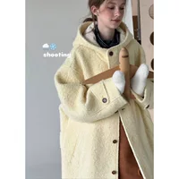 Retro woolen warm demi-season coat with hood, jacket