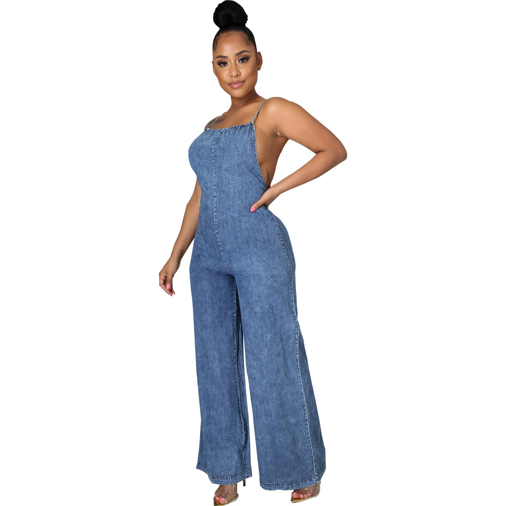 Backless Slip Splicing Denim Jumpsuit NSMRF116555