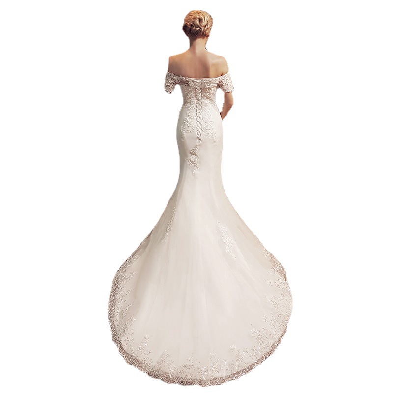 Vestido de novia de cola de pez 2024 nueva Boda nupcial estilo francés adelgazante pequeño fuera del hombro ligero mujeres pequeñas