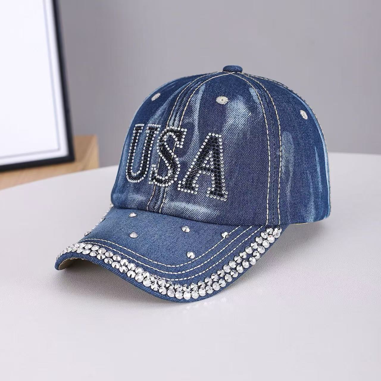Fashionable Rhinestone Letter Denim Baseball Cap For Women_voghion.com