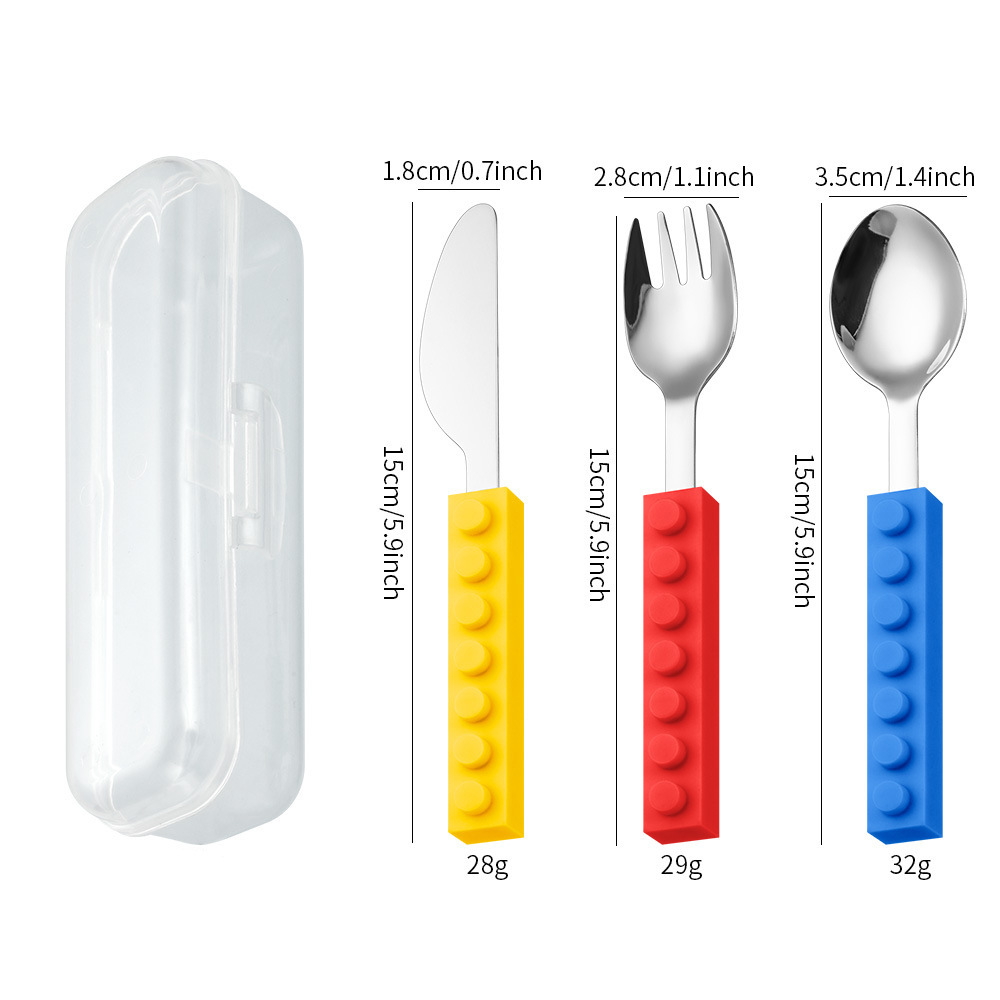 Venta directa de fábrica de silicona caliente bloques de construcción tenedor y cuchara conjunto de tres piezas traje de regalo filete vajilla occidental cuchillo, tenedor y cuchara para niños image 10