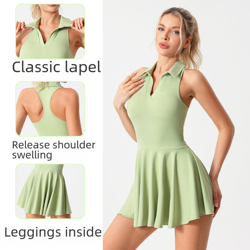 Cross-border lulu with built-in bra sport suit badminton anti-scandal tennis skirt women running one-piece sport short skirt