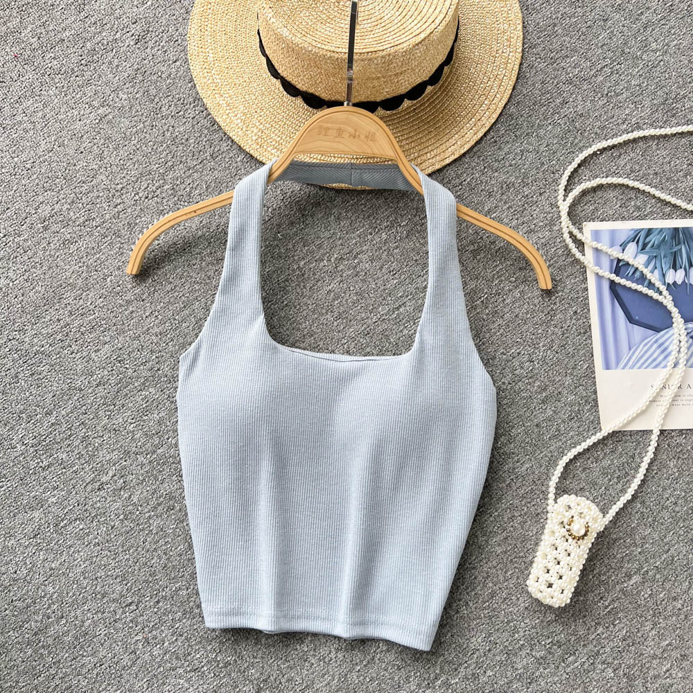 84g Weight Cotton, Rib Fabrics Fabric Type Short Top Length Vest Tops Type Holiday, Banquet, Daily Occasion Halter Neck Neckline Slim Fit Type Solid Color Pattern Summer Season Women's Gender Elegant, Streetwear Style Wholesale Women's Elegant Streetwear Solid Color Tank Tops 35