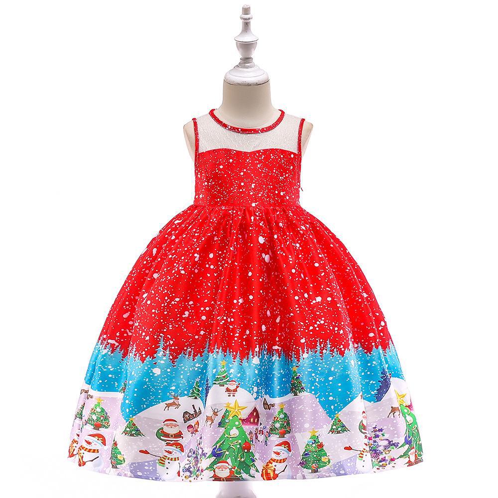 Navidad ropa para niños vestido Comercio exterior nueva historieta impresa satén rendimiento Navidad danza rendimiento falda de las mujeres