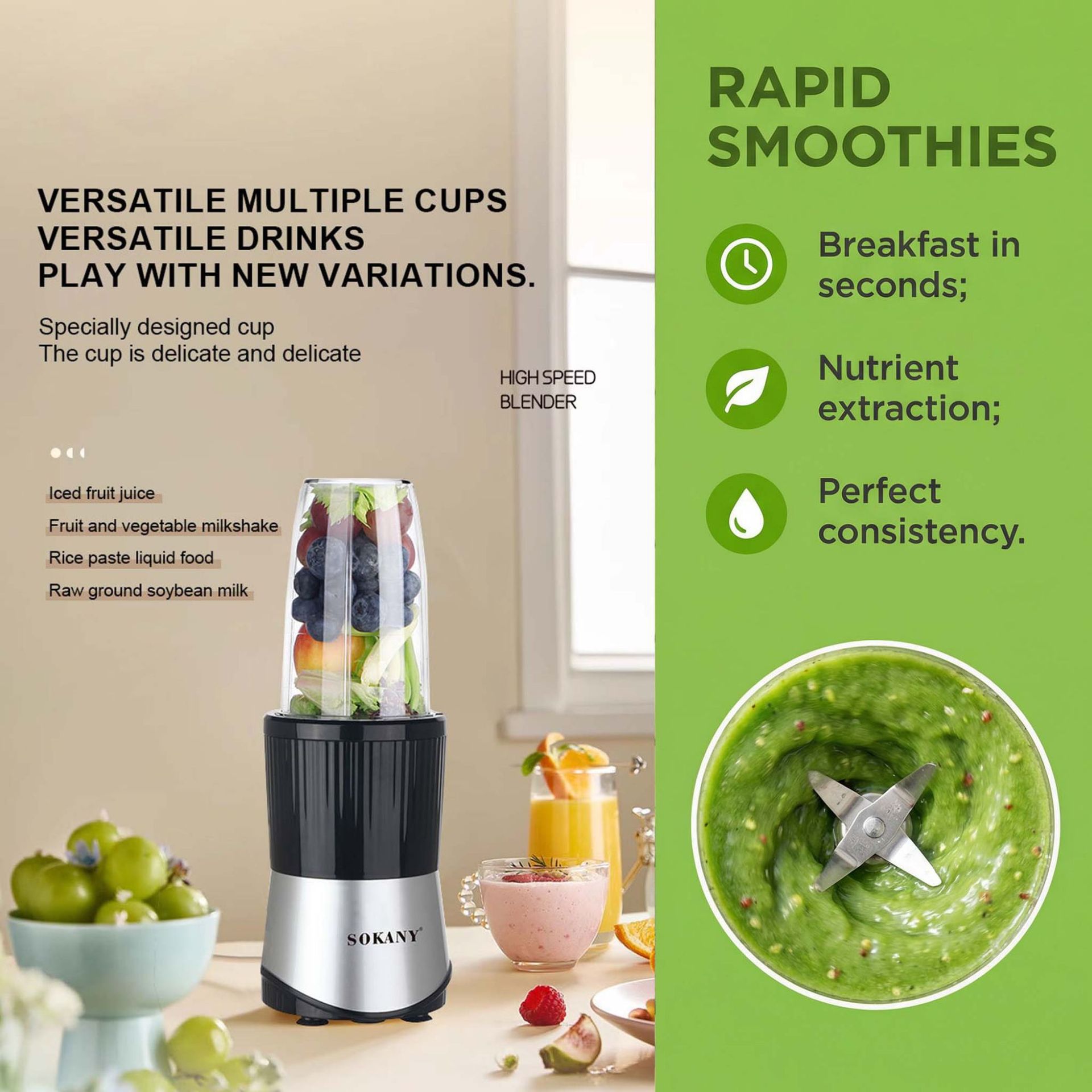 6-in-1 Multi-Purpose Blender, 900W High-Speed Smoothie Maker With 3 Cups (0.3L/0.5L/0.7L), Food Processor & Juicer For Shakes, Chopping & Grinding _voghion.com