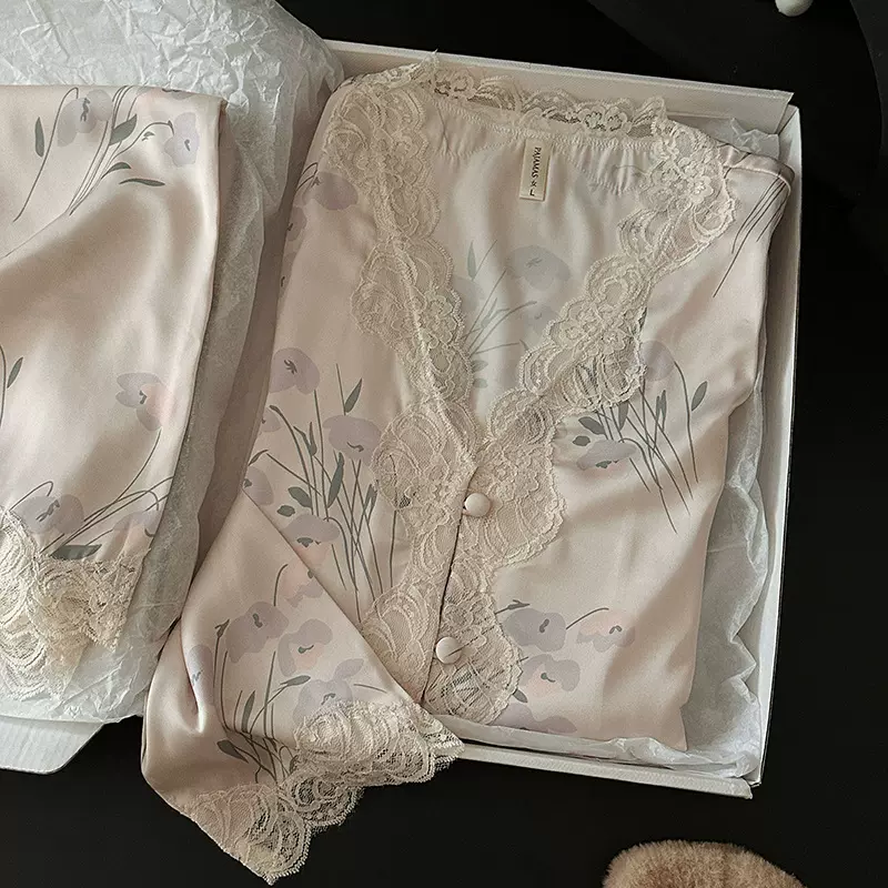 【幽然花】2025新款蕾丝轻奢冰雪丝睡衣女款V领长袖高级感家居服