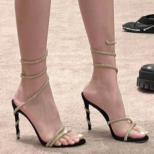 Rhinestone snake-shaped high-heeled shoes for women 2024 new summer sexy ladies open-toe stiletto heel strap sandals