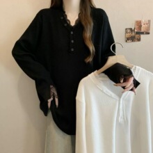 2-300斤蕾丝边拼接V领长袖T恤衫中长款遮肚气质百搭打底大码上衣