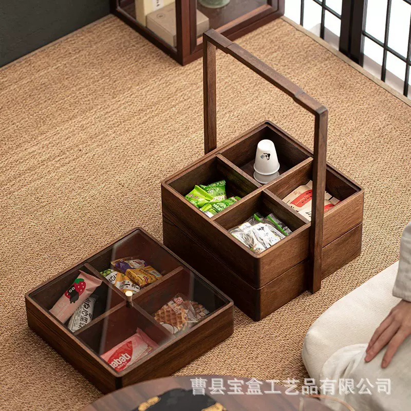木质手提盒复古实木手提双层分格月饼点心礼品包装收纳盒厂家批发