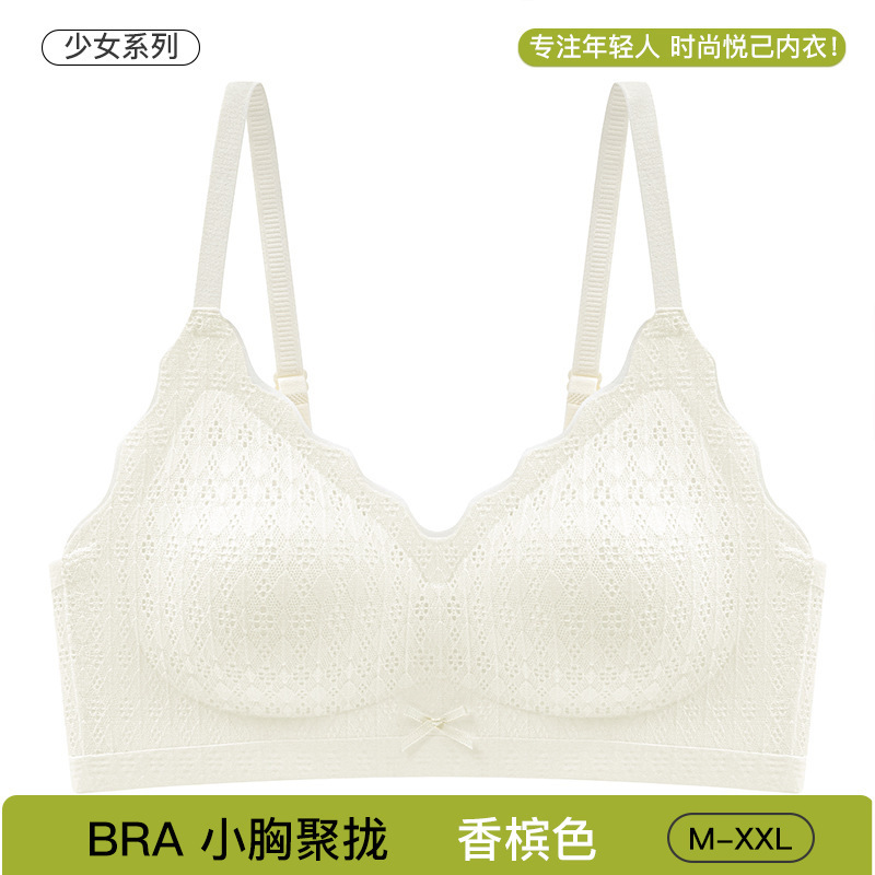 小さな胸の女性向けの小さな新鮮なスタイルの固定カップレース下着、リムなしのプッシュアップ、副胸を縮小するソフトサポートガールブラジャー|undefined