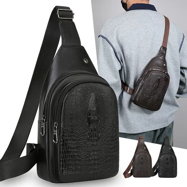 New trendy cross-border men's crossbody bag, high-end fashion versatile casual shoulder bag, crocodile pattern waterproof chest bag