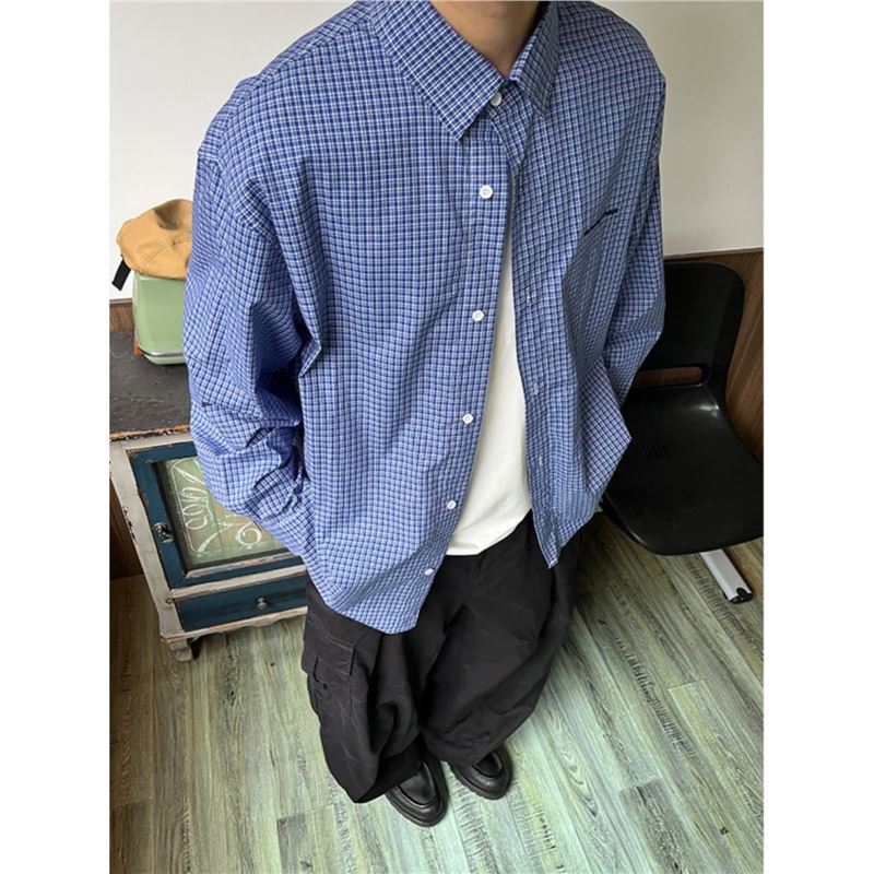 cleanfit dark blue Plaid Shirt Men's Spring and Autumn American Style Retro Long-sleeved Plaid Shirt High-grade Jacket