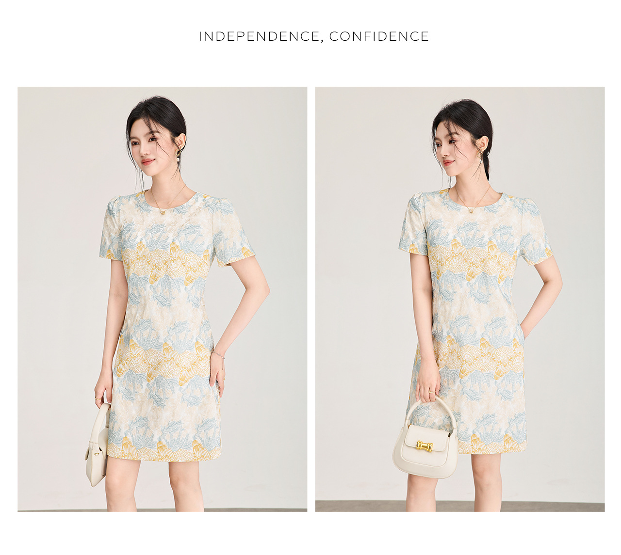 Đầm suông nữ midi dệt satin thêu jacquard tay ngắn — xanh lam chi tiết 13