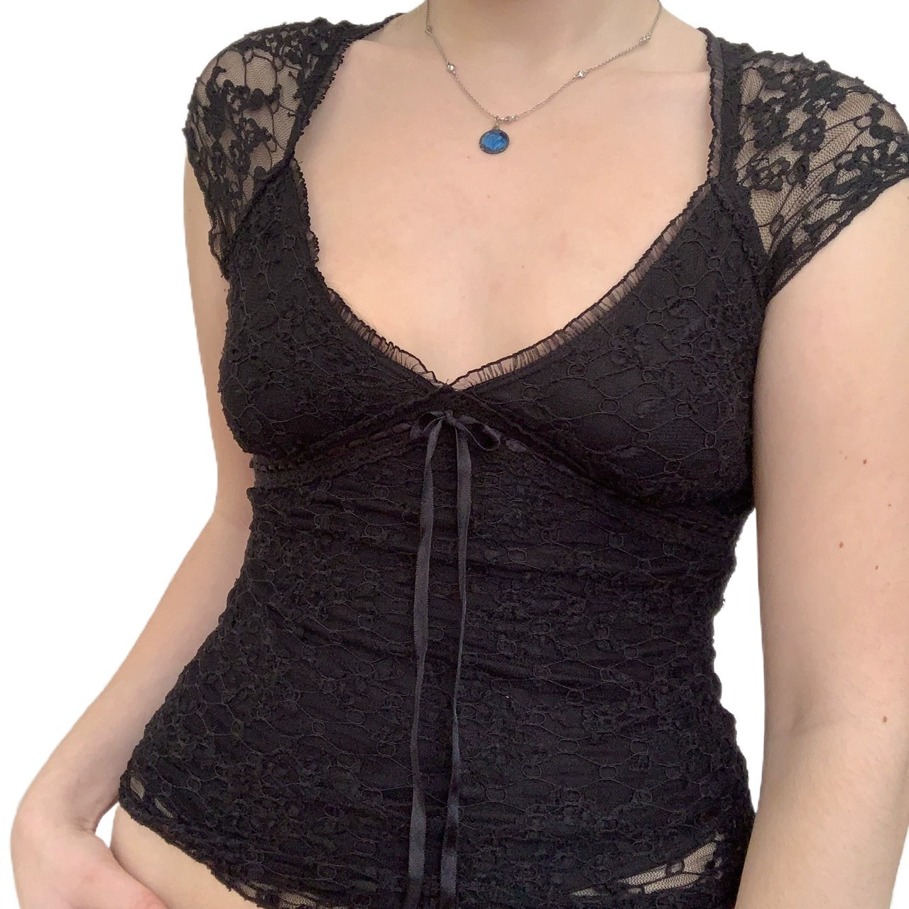 Lace V-neck Short Sleeve Top (Women), Double-Layer Slim Pullover, Solid Black