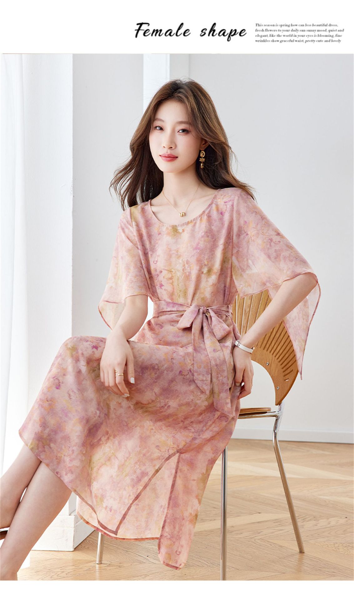 Đầm maxi nữ thắt eo in họa tiết hoa tay ngắn dáng suông che khuyết điểm — xanh lam, Màu hồng chi tiết 26