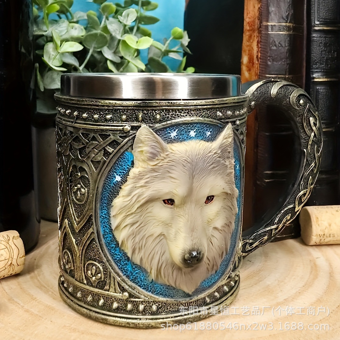 Comercio exterior transfronterizo nueva taza de cabeza de lobo 3D taza de agua de acero inoxidable de dibujos animados taza de agua de animales