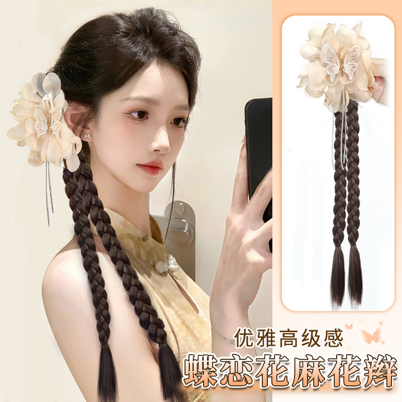 Wig Braid Children's Artificial Hair Natural Realistic Butterfly Love Flower Tassel Double Twist Side High Ponytail Wig Grab Clip