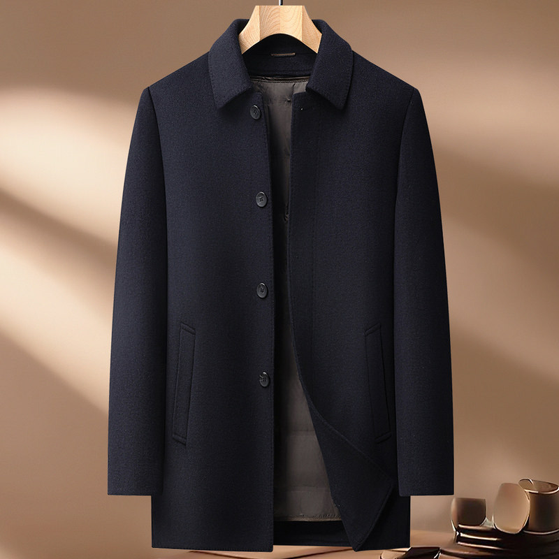 Mens Wool Jacket Thick Double Sided Fabric Stand Collar Insulated with Down Lining Autumn Winter Casual Wear