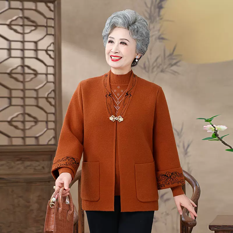 老太太秋装奶奶装毛衣外套新款中老年人衣服女妈妈春秋季两件套装