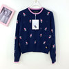 Small fragrant wind Pink Flower Jacquard weave Navy Pullover Sweet grace Broken flowers Real silk wool Sweater sweater