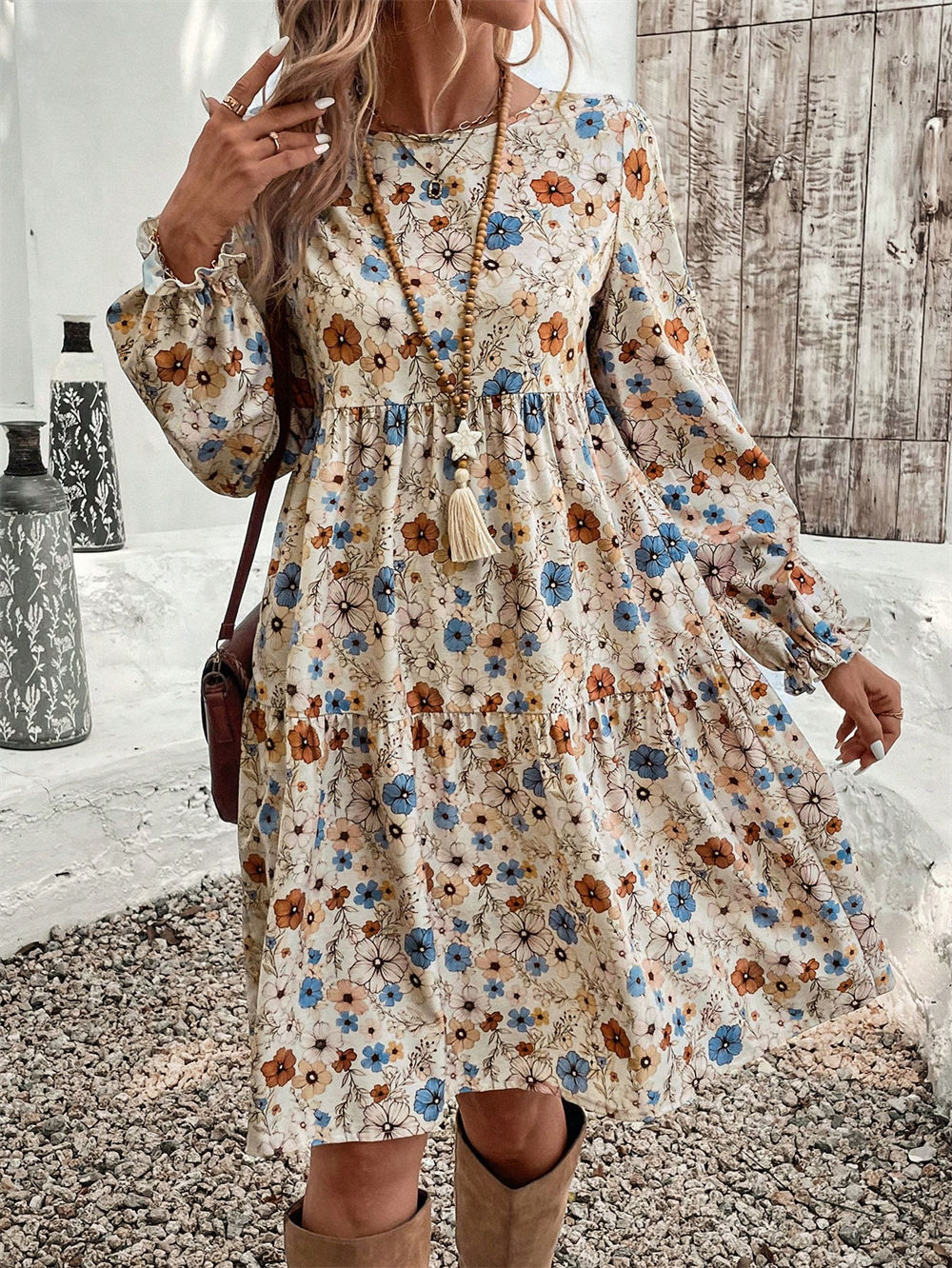 Printed round Neck Lantern Sleeve Frill Loose Casual Dress Autumn 7 Printed round Neck Lantern Sleeve Frill Loose Casual Dress Autumn