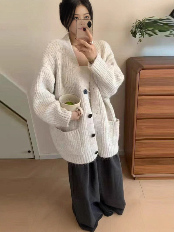 慵懒风V领毛衣外套女装秋冬新款跨境宽松简约休闲针织开衫外套女|undefined