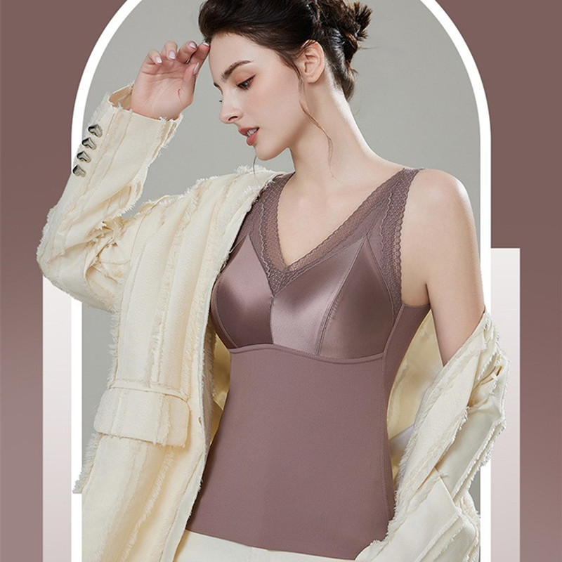 Autumn and winter satin lightweight thermal underwear with down protein padding, a built-in bra, and a detachable cup, designed to be worn as an inner layer without needing a separate bra Autumn and winter satin lightweight thermal underwear with down protein padding, a built-in bra, and a detachable cup, designed to be worn as an inner layer without needing a separate bra