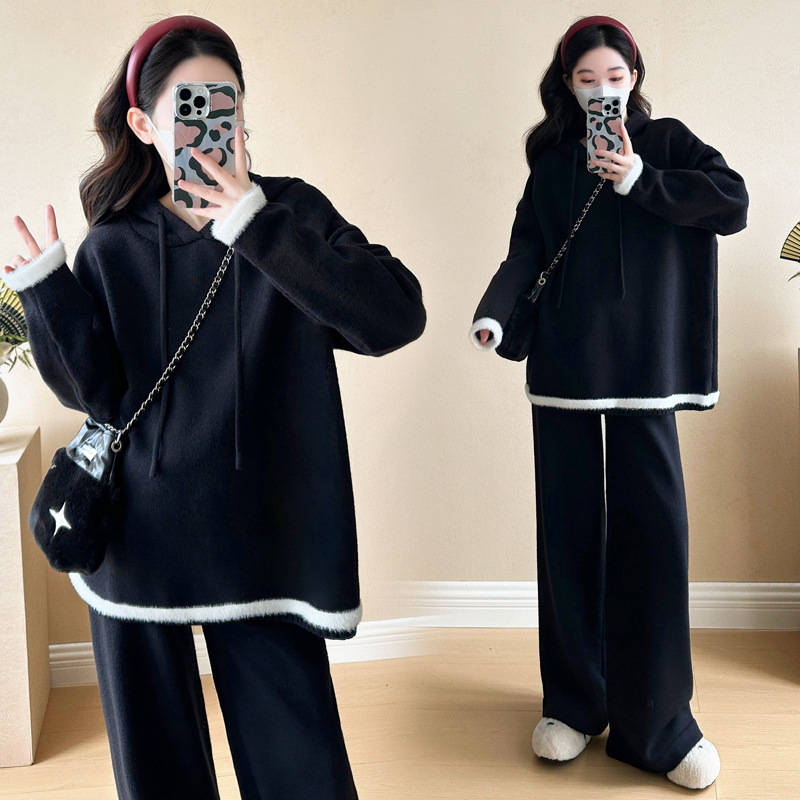 孕妇秋装套装时髦新款孕妈高级穿搭洋气个性连帽上衣阔腿裤两件套|undefined