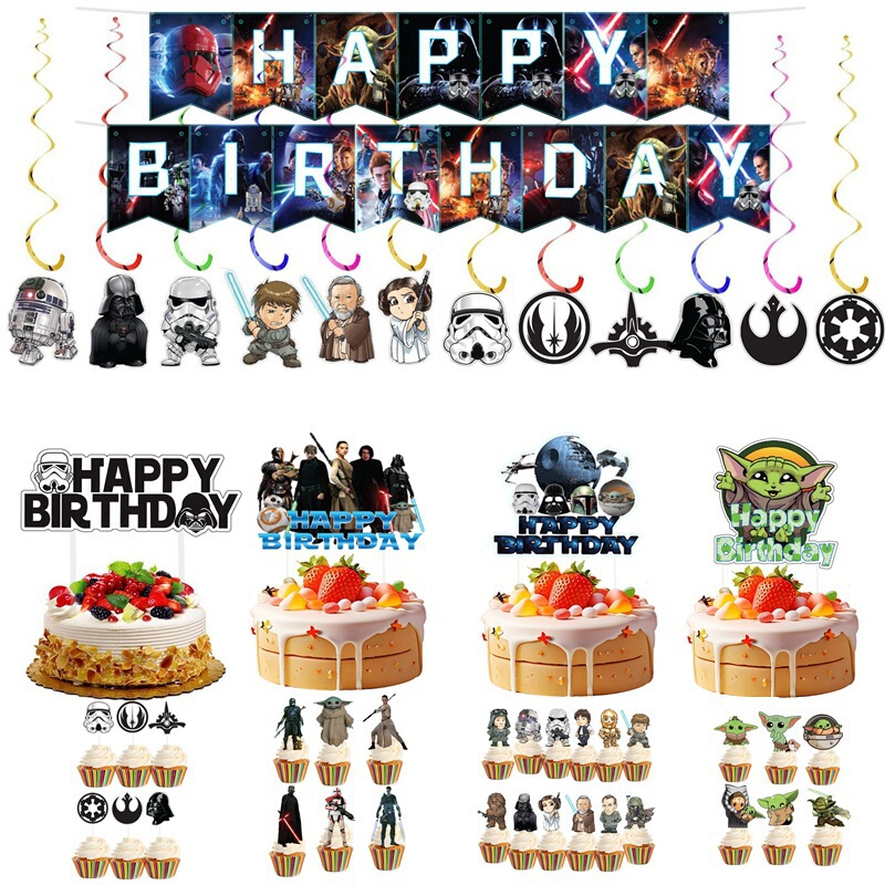 Mandalorian Star Wars Theme Party Decoration Supplies Tableware Set Birthday Flag Cake Insert Paper Cup