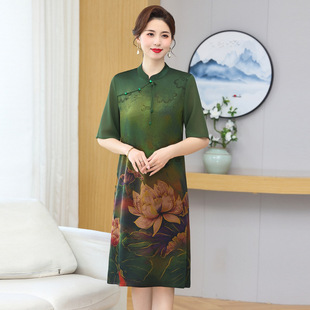 Chinese Style Mother plus size Loose dress Middle-aged and Elderly 2024 Summer New Arrival Skirt High-end Chinese Cheongsam Dress