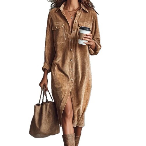 2025 new Amazon Xiyin Independence Station women's solid color corduroy long-sleeved lapel shirt loose long dress