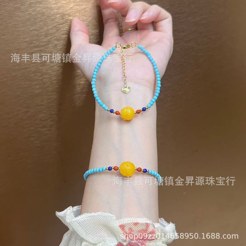 Malachite and turquoise bracelet with adjustable fit, paired with second-generation amber, southern red agate, and lapis lazuli single beads, live-streamed factory wholesale model