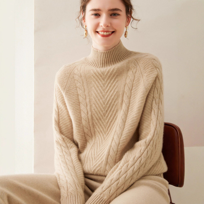 Alana women's raglan half-high collar cashmere sweater, new autumn and winter warm knitted base shirt, thick solid color sweater