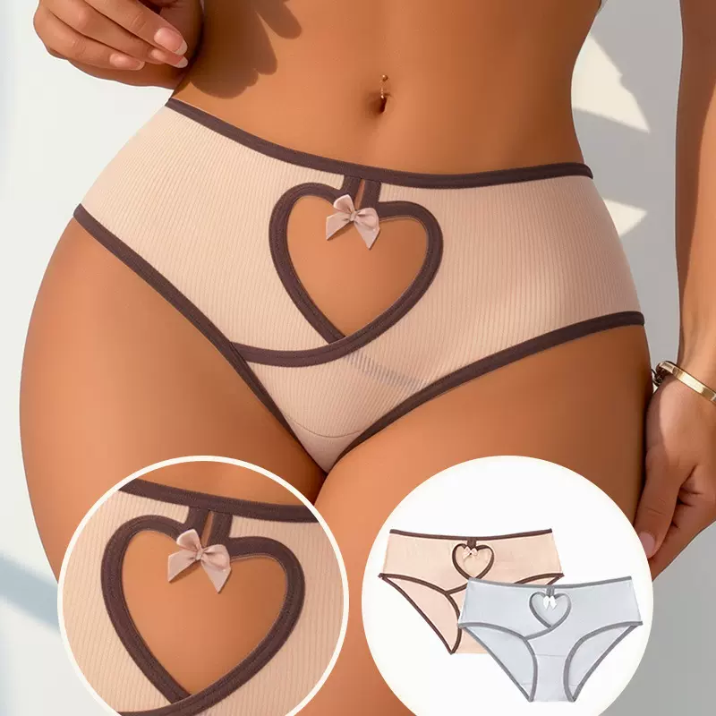 跨境批发低腰罗纹镂空拼色女士内裤纯欲透气舒适提臀蝴蝶结三角裤