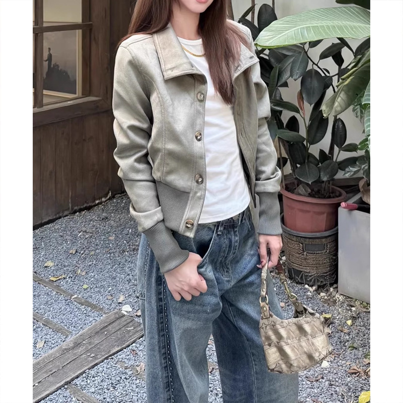 锦倩自制短款立领麂皮质感夹克女秋新品收腰显瘦设计感外套复古风|undefined