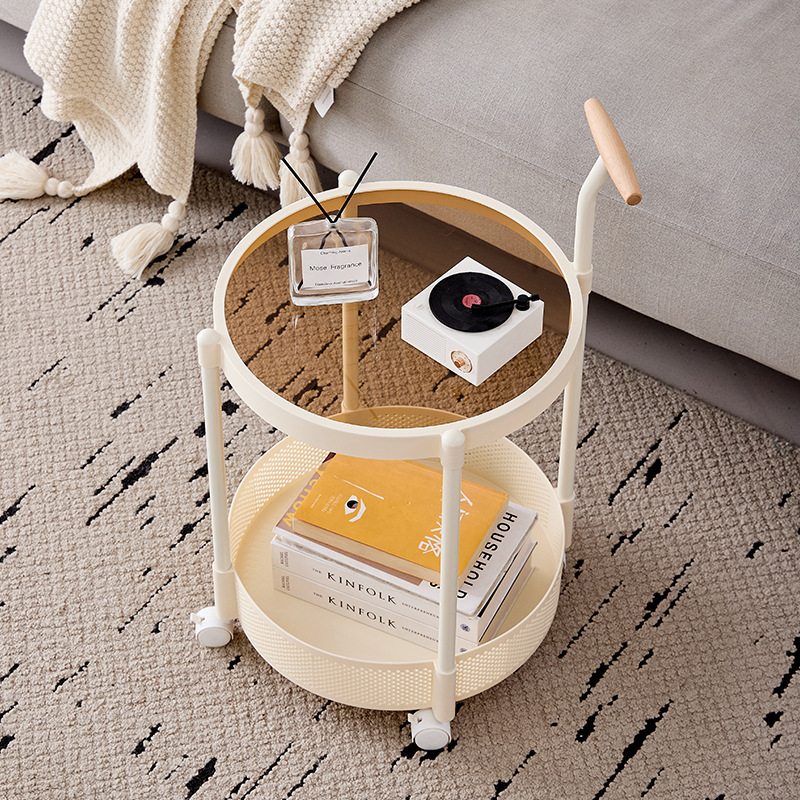 High-End Movable Glass Trolley Side Table Living Room Sofa Small Coffee Table French Light Luxury Bedroom Bedside Table
