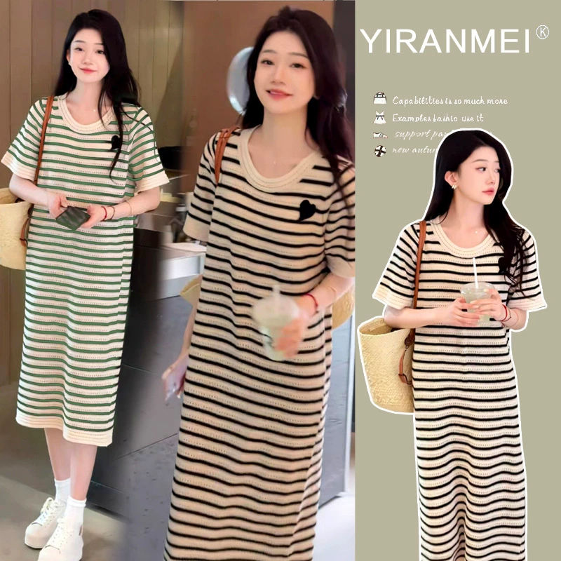 Summer dress for pregnant, knitted silk skirt, long short sleeve T-shirt for breastfeeding, mid-length