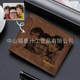 跨境定制个性化照片雕刻男士钱包diy图片素描父亲节复古男零钱包