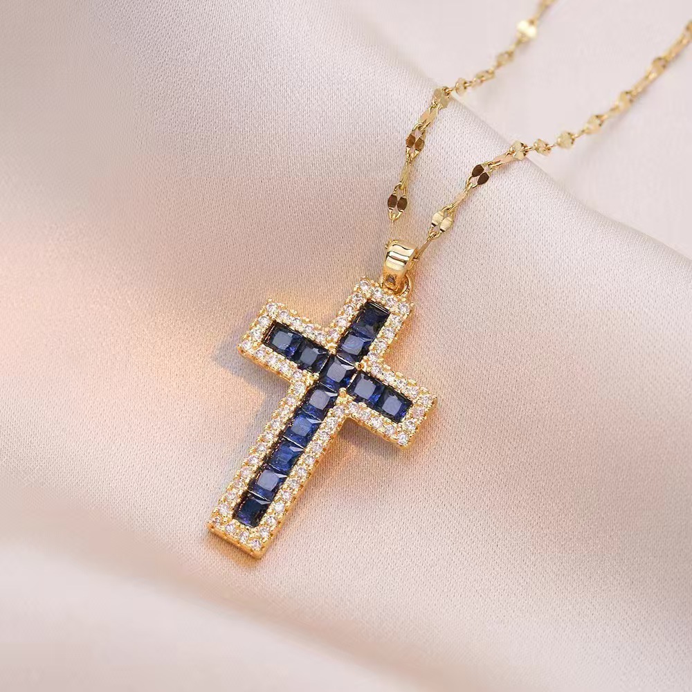 Wholesale Jewelry Shiny Cross Titanium Steel Zircon Inlay Pendant Necklace Cable Chain display picture 6