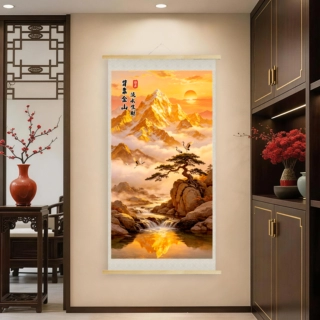 中式背靠金山山水画客厅装饰画书房玄关背景流水生财国画卷轴挂画