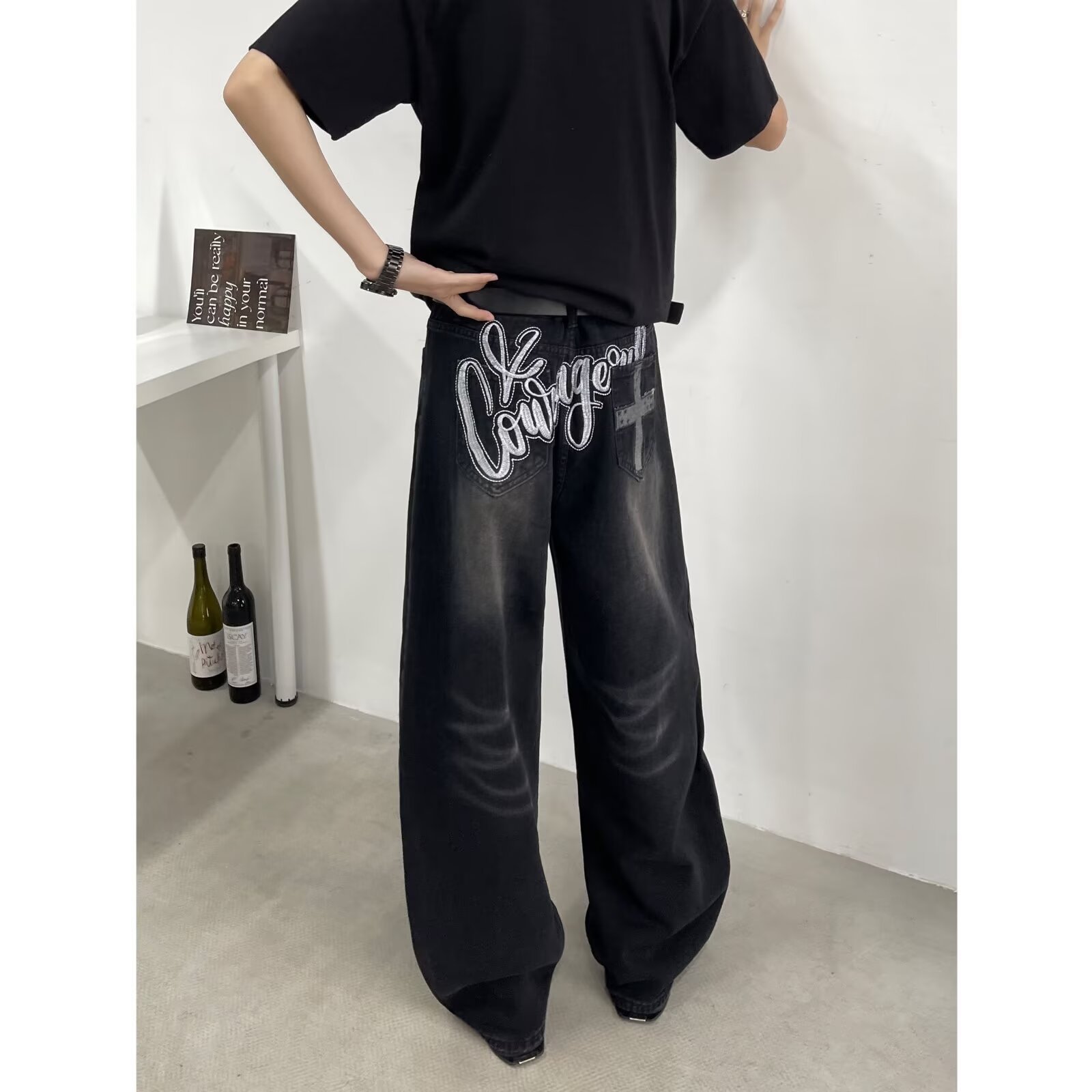 Men's American Vintage Black Saber-Cut Jeans – High Street Drop-Crotch Wide Leg Pants (S-3XL, Heavyweight Washed Denim)_mkmklike.com