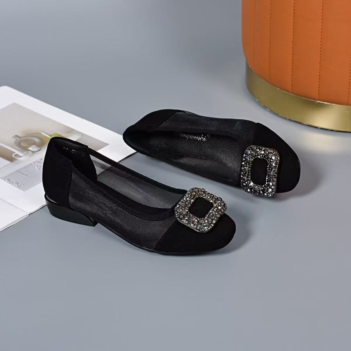 Giày sandal nữ da thật mũi tròn gót thấp phối lưới, kiểu mới xuân hè, đế xuồng khoét lỗ dễ mang — đen chi tiết 7