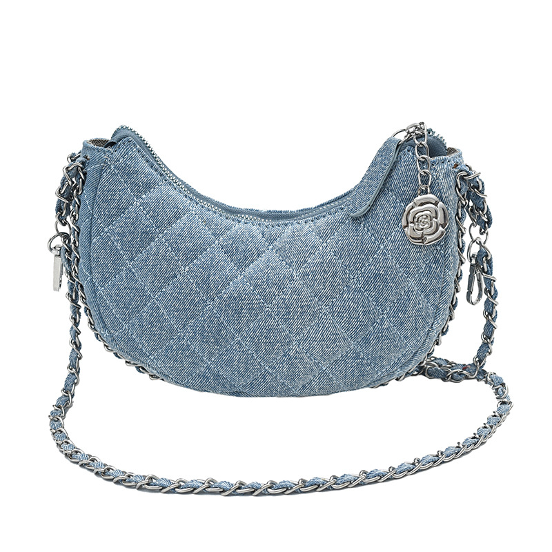 High-end denim diamond chain small bag 2023 new crescent bag niche dumpling bag single shoulder crossbody bag for women_voghion.com