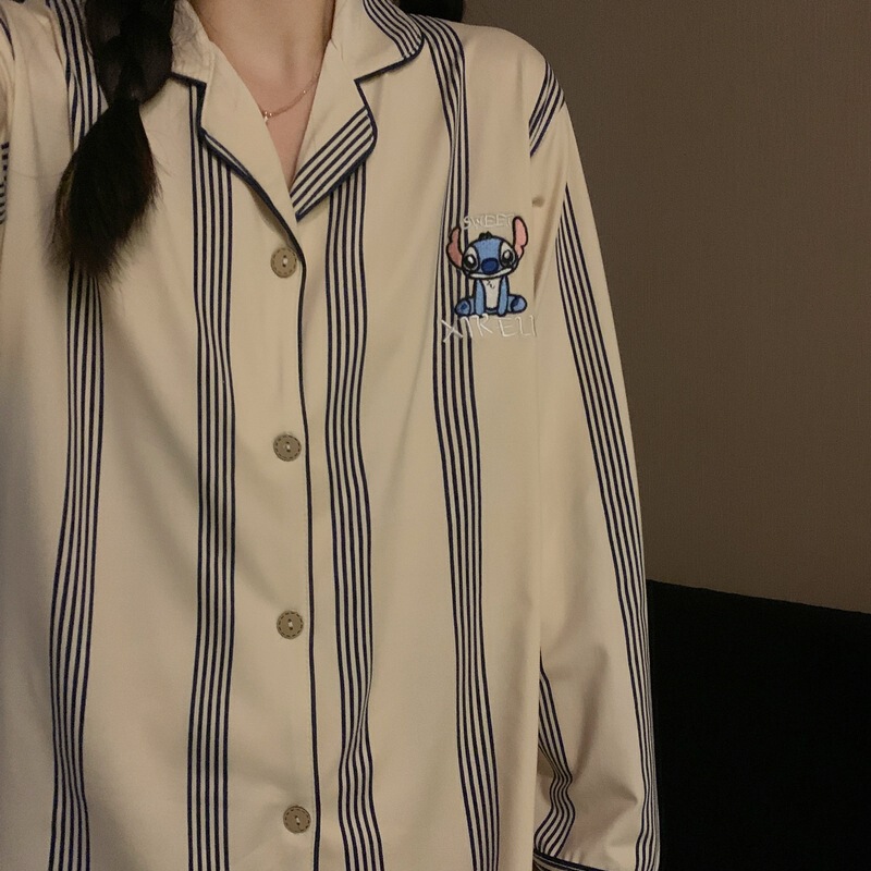 Factory wholesale couple pajamas cartoon striped stitch Spring and Autumn long sleeve suit new home wear suit outer wear