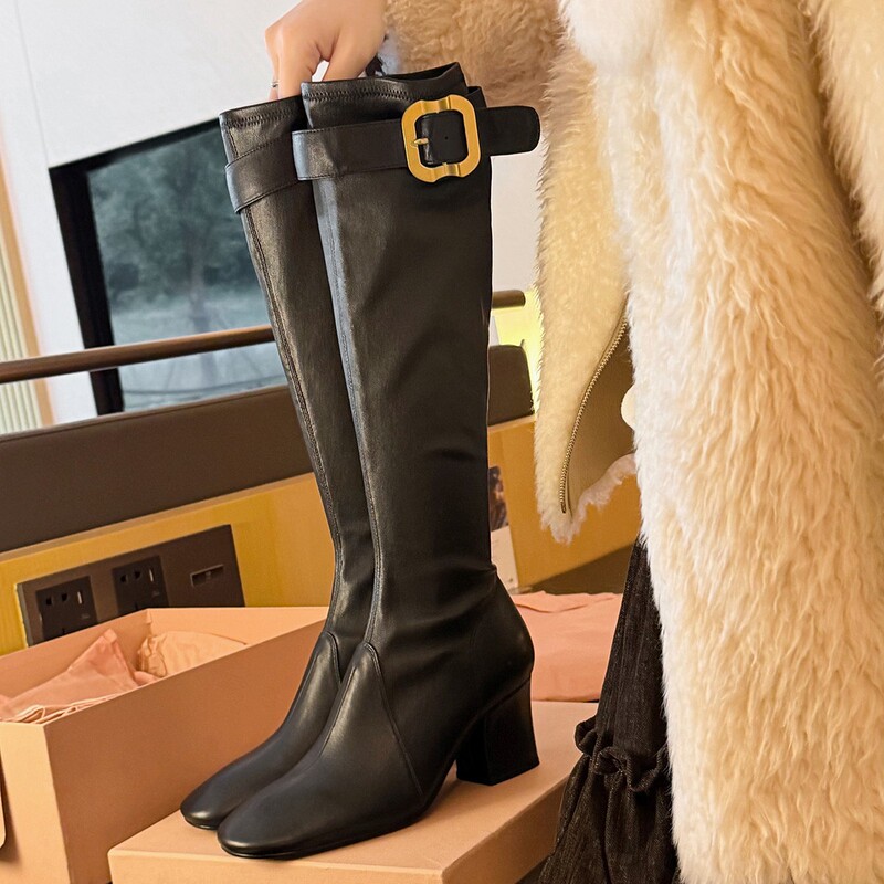 In Stock~ Grape Mom's Same Style 7cm Thick Heel~ Zhang Yuanying's Same Style Gold Buckle Half-Zip Thick Heel Long Knight Boots