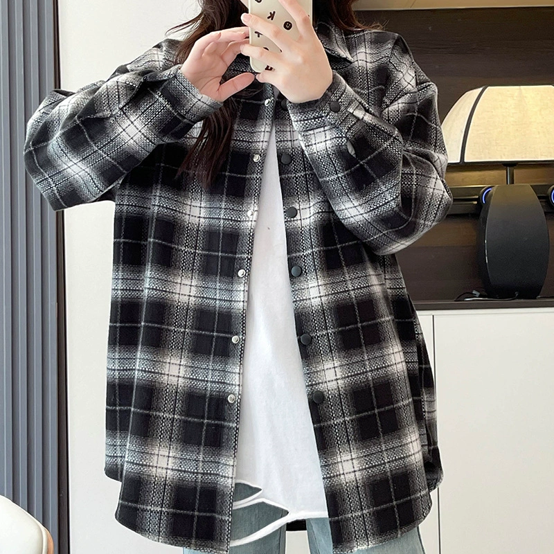 Клетчатая рубашка дамы весна и осень новый ленивый стиль ретро свободный повседневный тонкий, тонкий, легкий и длинный топ пальто