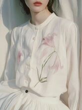 女士早秋白色圆领仿棉麻材质单排扣圆领长袖小衬衫超好看上衣