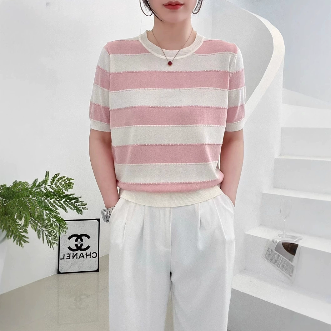 2025 новых летних коротких полосатых универсальных топов с круглым вырезом для женщин, свободные трикотажные изделия