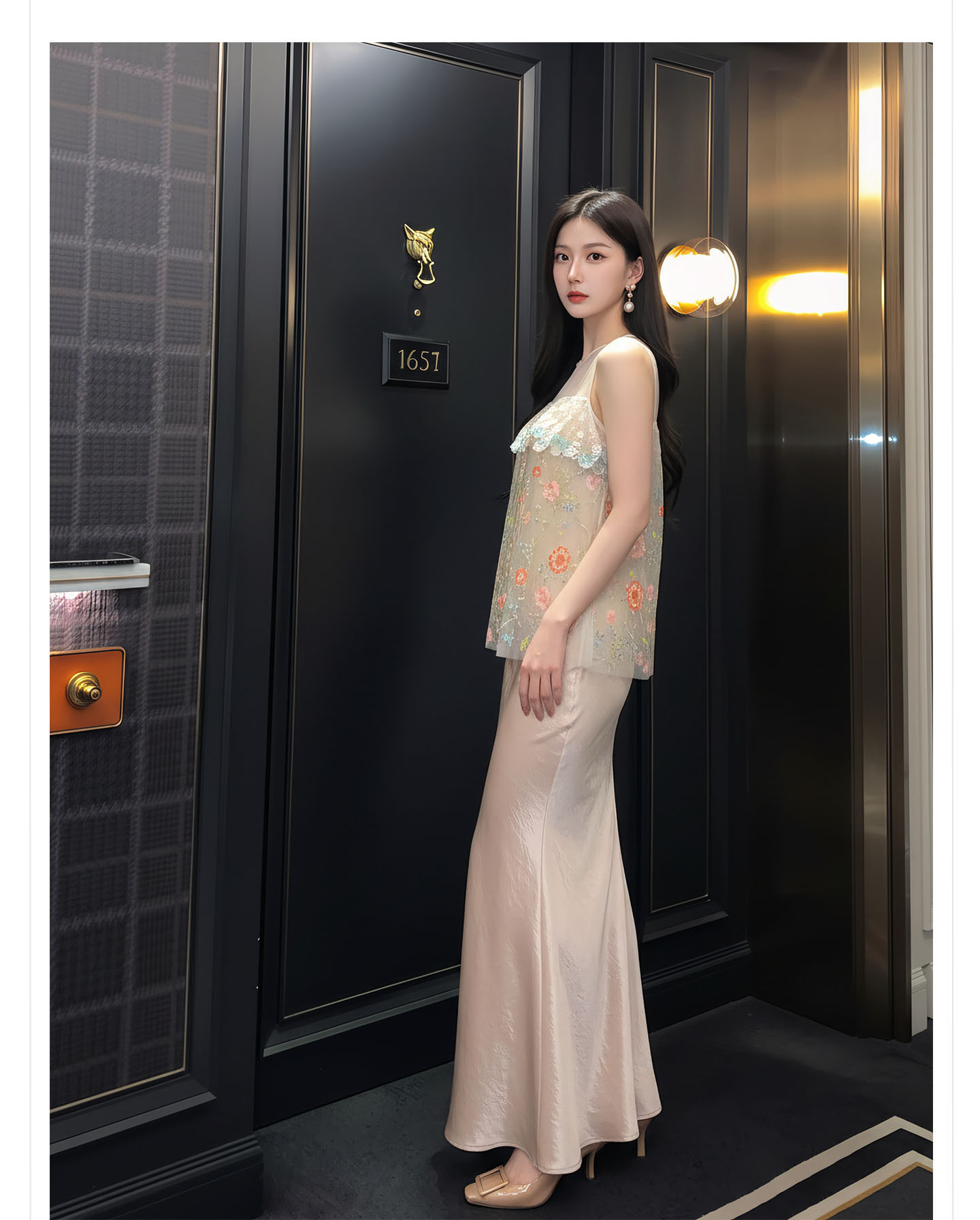 Bộ váy áo vest không tay phong cách Trung Hoa thêu ren họa tiết nặng, chất liệu thoáng khí, gồm áo vest và chân váy nửa kèm theo — bộ đồ, Champagne màu nửa váy, Áo khoác màu mơ chi tiết 9