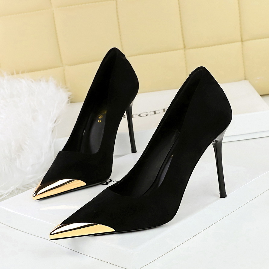3739-32 European And American Style Banquet Women's High Thin Heels Suede Shallow Mouth Metal Pointed Iron Toe Slimming_vogvips.com
